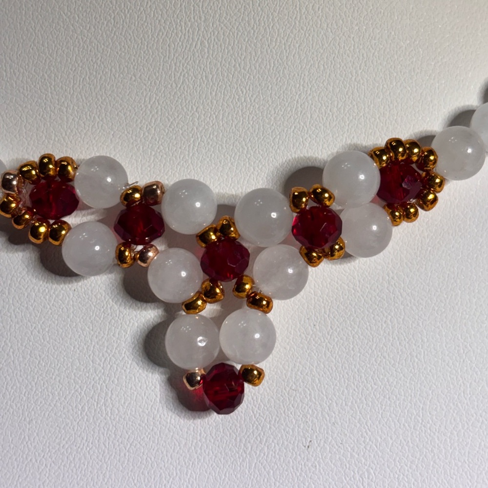 White Jade Necklace embellished with Red and Gold Beads 16 inches. - Picture 3 of 7